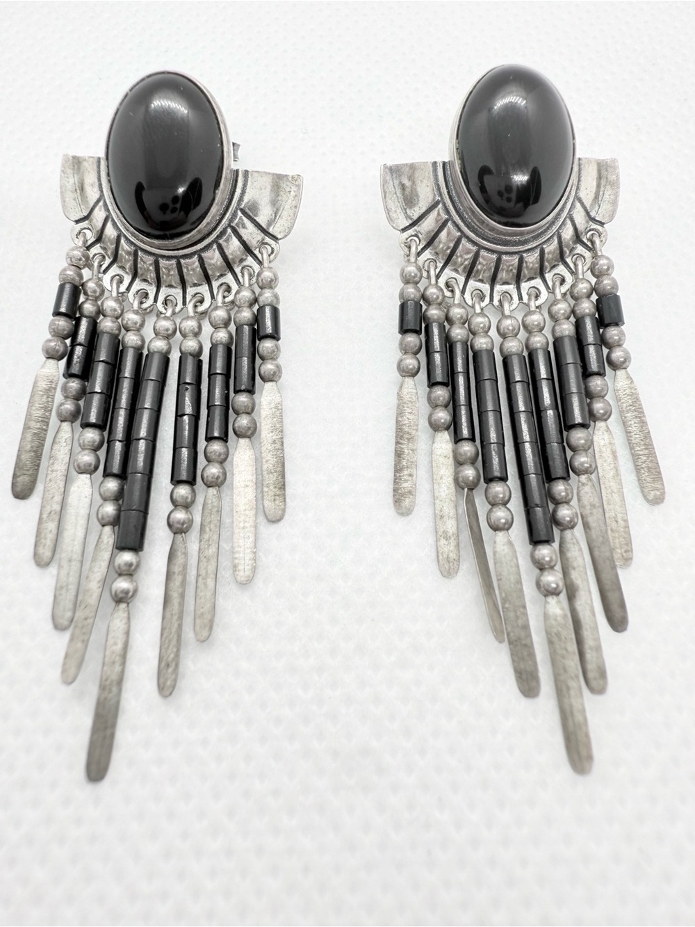 Vintage Southwestern Sterling Silver Black Onyx Fringe Dangle Statement Earrings - Picture 8 of 11